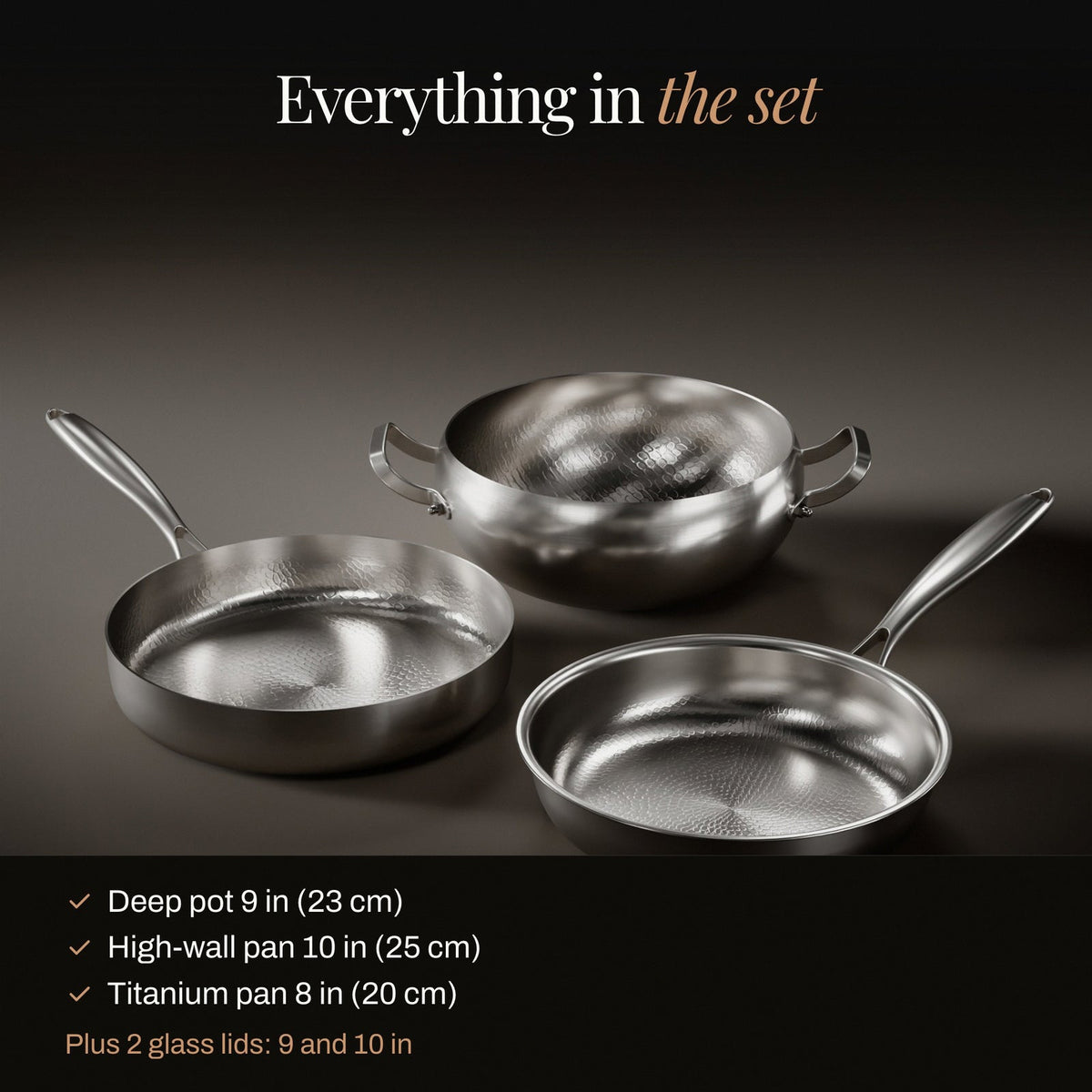 Gehammert Titanium Premium Kookset met 2 Deksel (20, 23 & 25 cm)