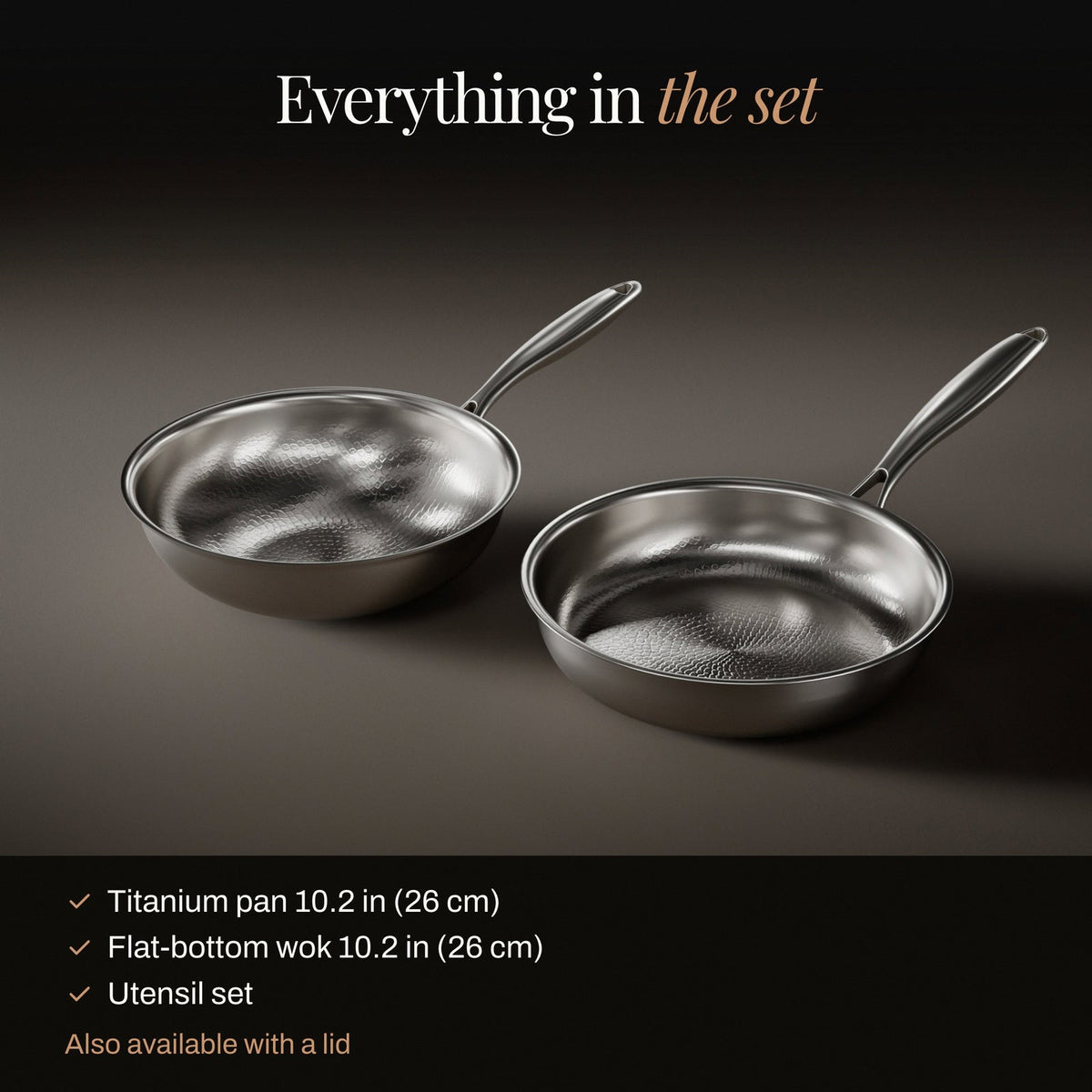 Gesmede Titanium Wok & Koekenpan (10 Inch) met Keukengerei
