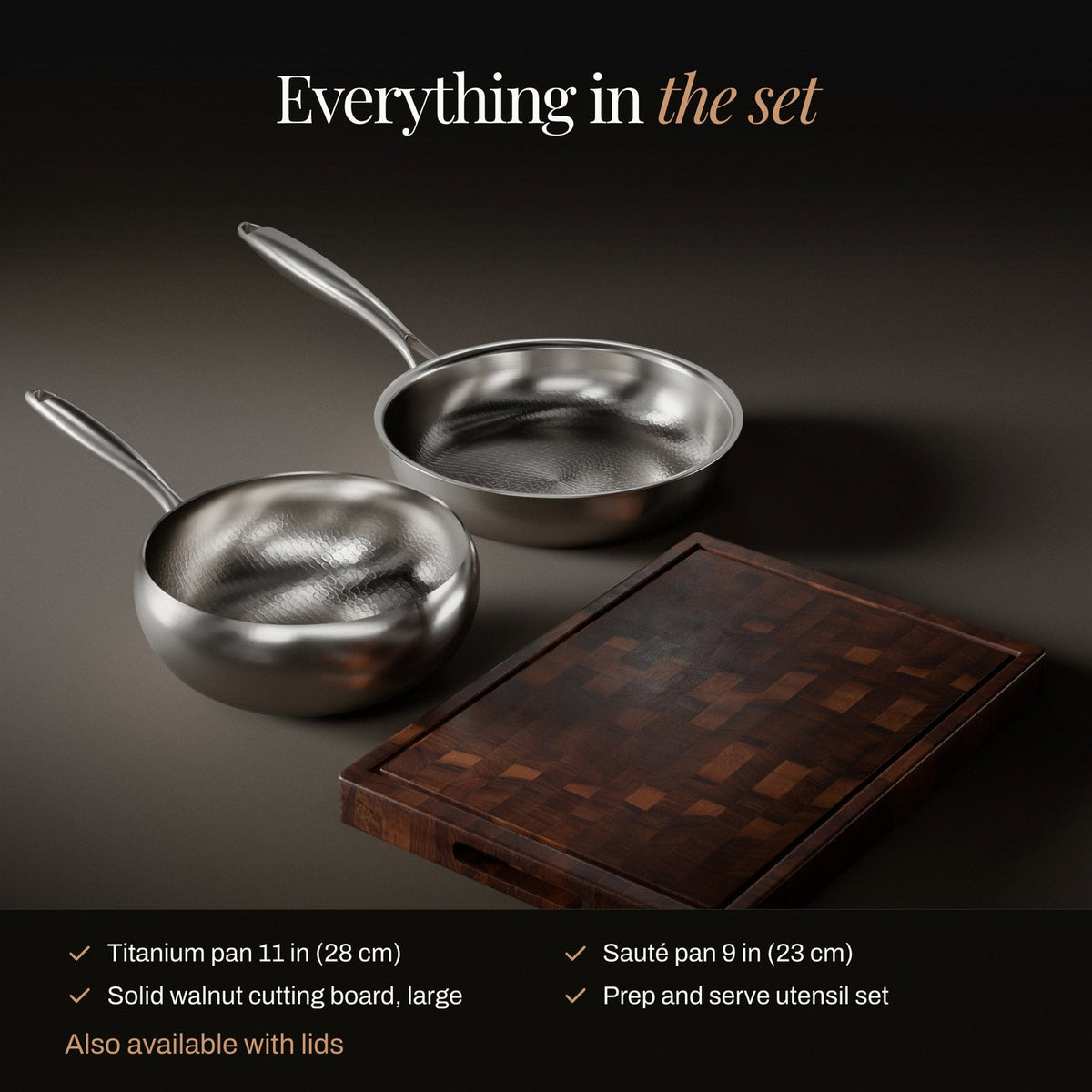 Gesmeed Titanium Pan & Sauté Set met Walnoot Snijplank en Keukengerei