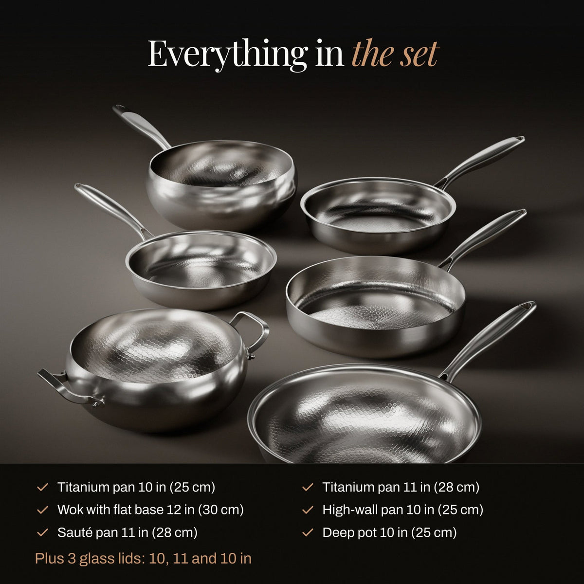 Gesmeed Titanium Compleet Keuken Set met 3 Deksel (10, 11 & 12 Inch)