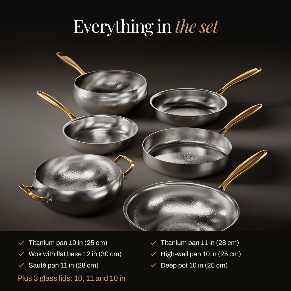Gesmeed Titanium Complete Keuken Set met 3 Deksel (10, 11 & 12 Inch) I Beperkte Editie