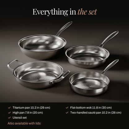 Gesmeed Titanium Familie Set: 4 Pannen & Gereedschappen